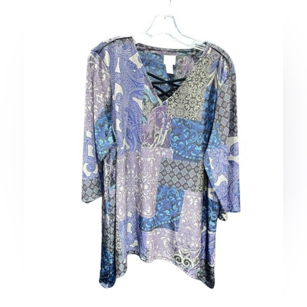 Chicos  Blue Purple Paisley Patchwork Lattice V-Neck Tunic Top 3P XL